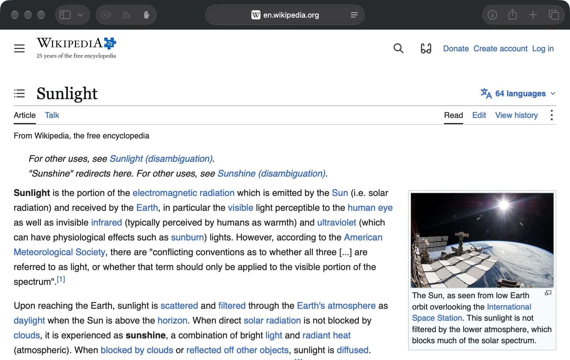 Safari showing the Wikipedia article on sunlight
