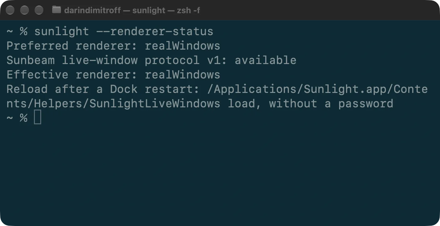 Terminal running sunlight --renderer-status