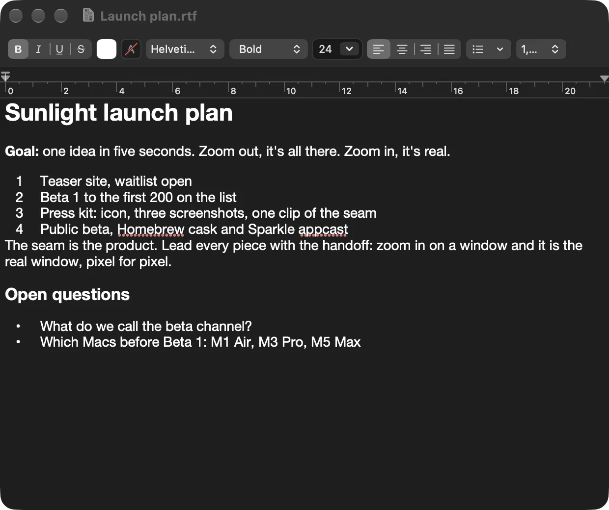 TextEdit with the Sunlight launch plan